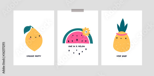 Childish cards or poster with cute cartoon fruits characters. Lemon, watermelon. Nursery prints with doodle hand drawn illustration isolated on white. Ideal for kids room decoration, clothing, prints