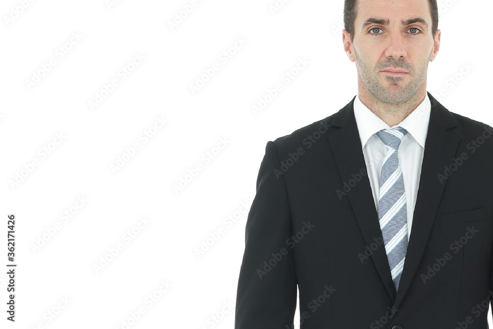 Handsome and smart businessman in black suit isolated on white background. Copy Space Handsome and smart businessman in black suit isolated on white background. Copy Space