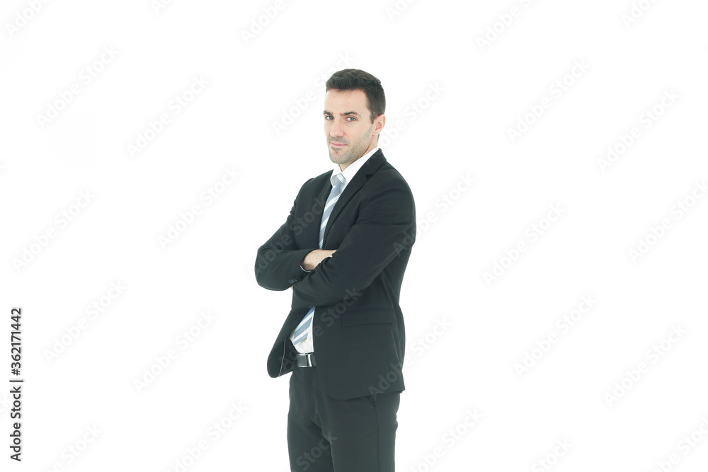 Handsome and smart businessman in black suit isolated on white background. Business and Finance concept. Copy Space