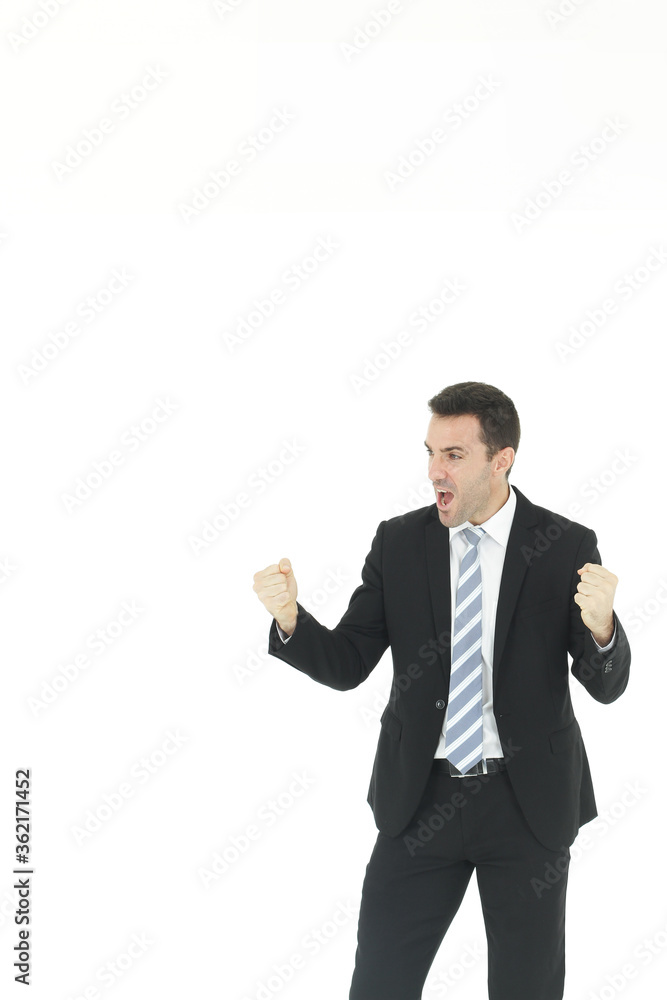 Handsome and smart businessman in black is handful satisfy for sucessful in work isolated on white background. Handsome and smart businessman in black is handful satisfy for sucessful in work isolated on white background.