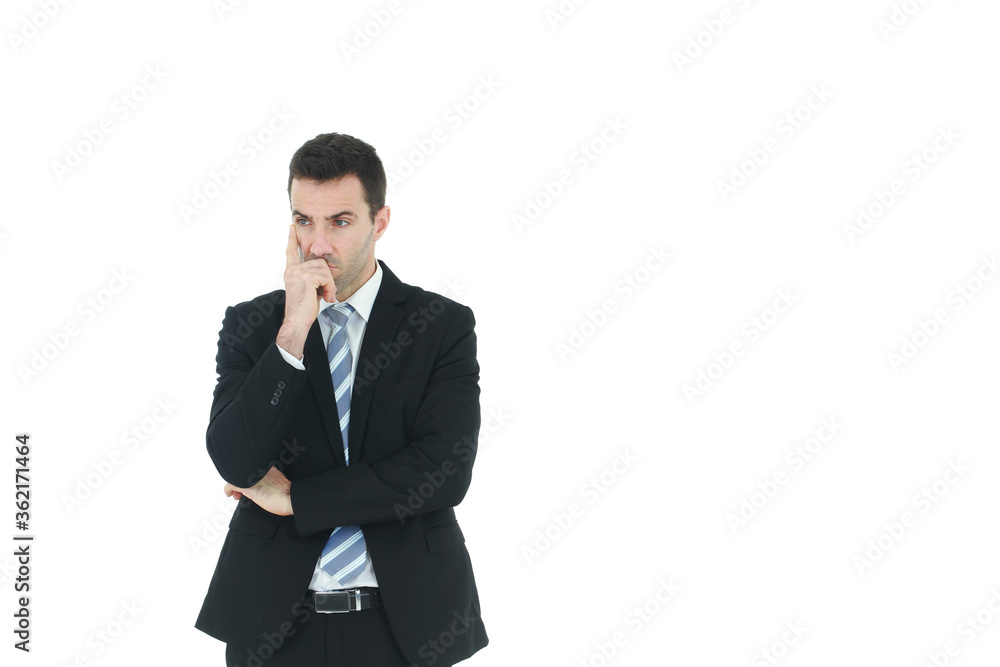 Successful and handsome businessman in a suit serious and hard thinking in working isolated on white background. Copy space Successful and handsome businessman in a suit serious and hard thinking in working isolated on white background. Copy space