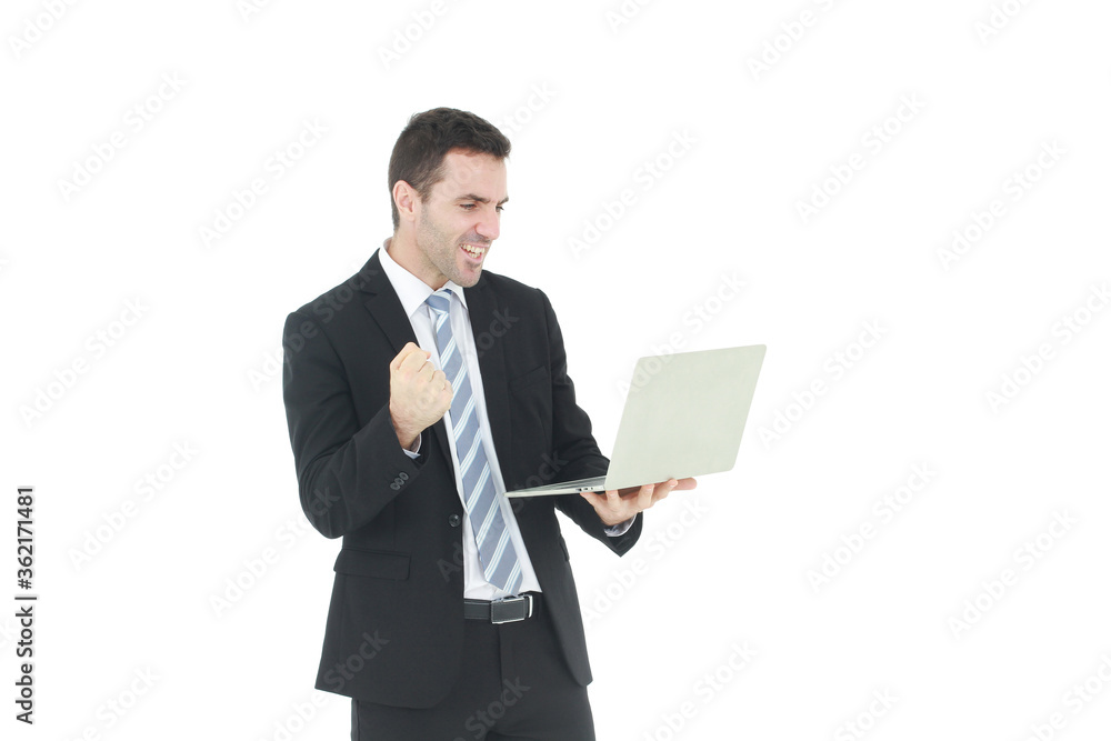 Handsome and smart businessman in black suit hand holding laptop and pretending to be happy and satisfy for sucessful in work isolated on white background. Handsome and smart businessman in black suit hand holding laptop and pretending to be happy and satisfy for sucessful in work isolated on white background.