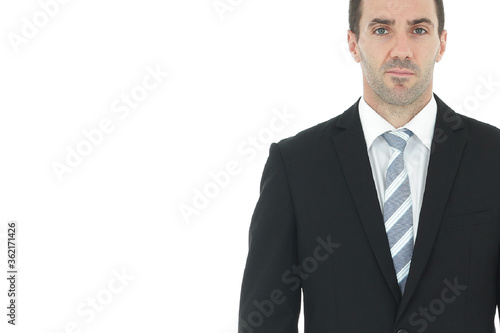 Handsome and smart businessman in black suit isolated on white background. Copy Space