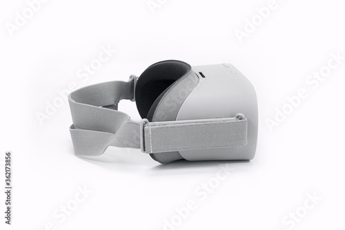 Virtual reality head mounted device from side angle isolated on white background 