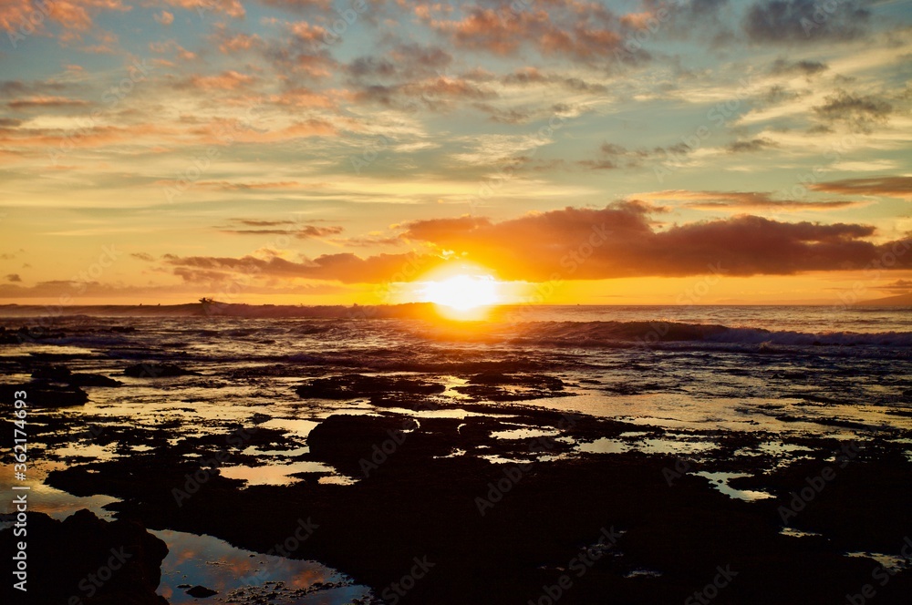 Obraz premium Surfing in Atlantic ocean in bright colorful sunset lights. Majestic colorful sunset on Atlantic ocean coast. Beautiful sunset on Tenerife island. Panoramic Scenic golden sunset view. Backgrounds.
