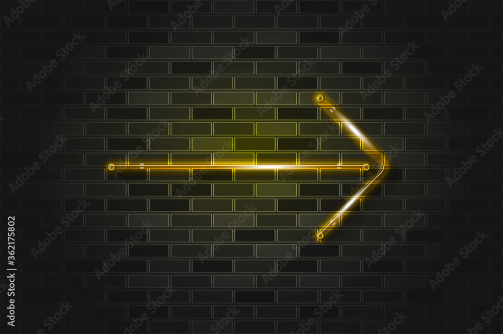 Straight yellow arrow glowing neon sign or glass tube on a black brick wall. Realistic vector art Straight yellow arrow glowing neon sign or glass tube on a black brick wall. Realistic vector art