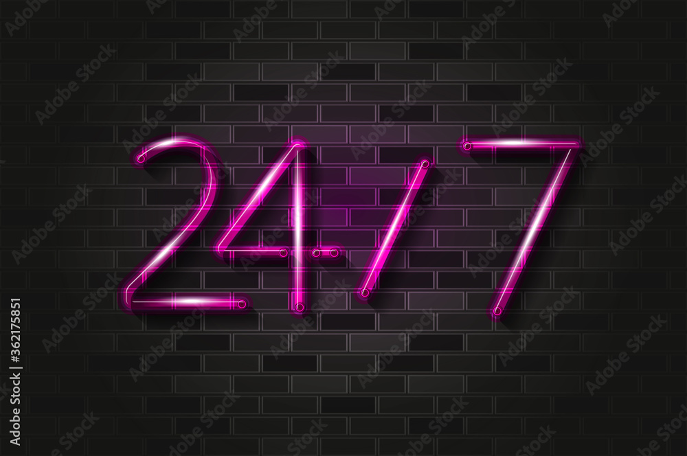 24 hours, 7 days glowing neon sign or glass tube on a black brick wall. Realistic vector art