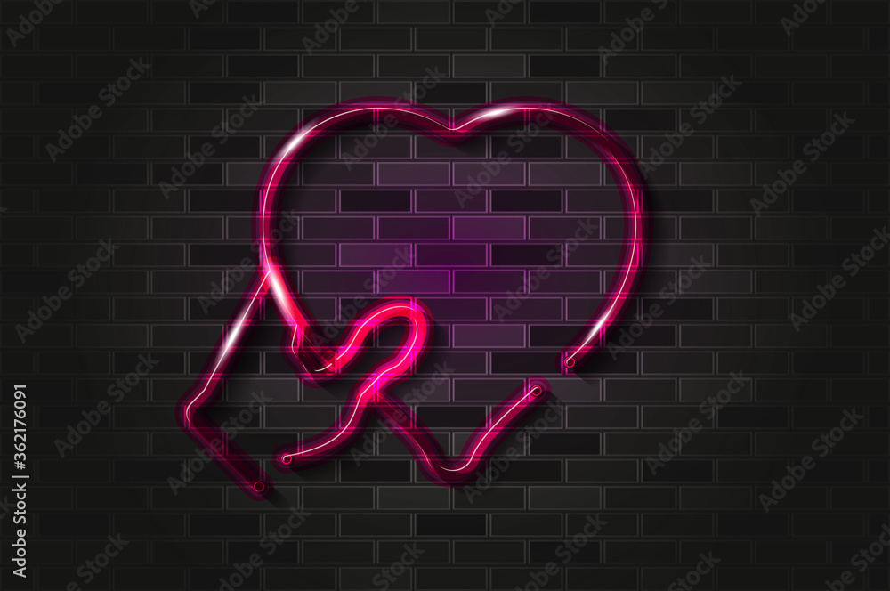Hand gives heart glowing neon sign or glass tube on a black brick wall. Realistic vector art