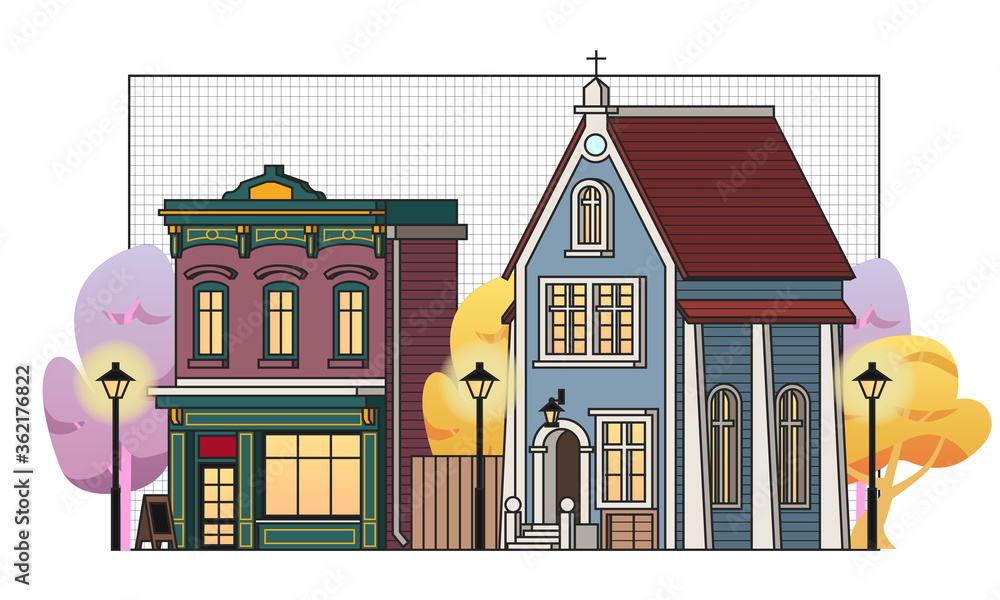 ICE CREAM STORE AND OLD CHURCH BUILDING FLAT VECTOR ICE CREAM STORE AND OLD CHURCH BUILDING FLAT VECTOR