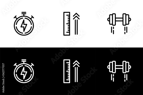 Faster, higher, and stronger icon set. Flat design icon collection isolated on black and white background.