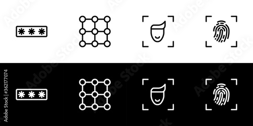 Security protection method icon set. Flat design icon collection isolated on black and white background. Pin or password, pattern, face recognition, and fingerprint scanner.