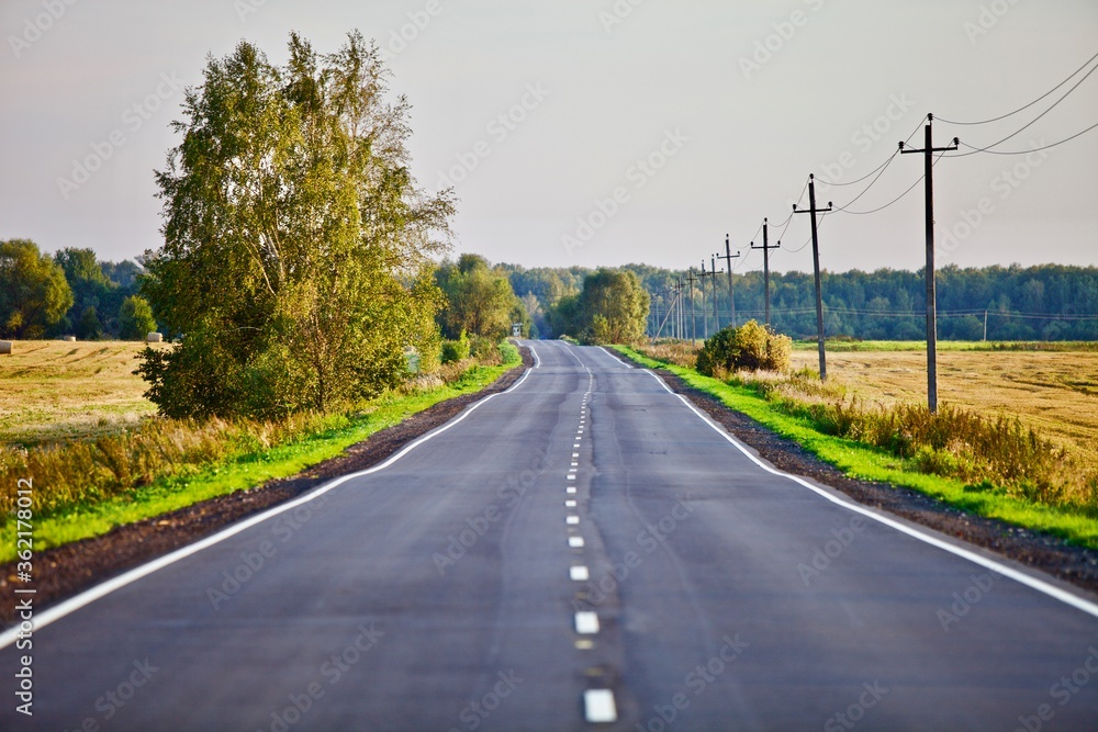 Fototapeta premium Asphalt empty country road leading into the distance through fields and forests. Modern countryside roads infrastructure. Countryside transportation road system. Perspective road view. Motorway system