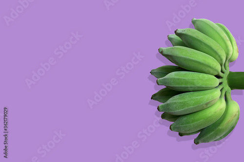 bunch of green bananas isolated on light purple background © paspas