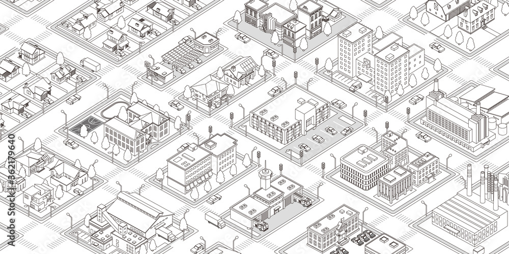 Black and white town illustration with isometric vector data