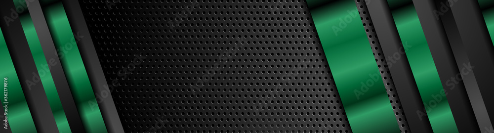 Obraz premium Black and green metal stripes on dark perforated background. Vector hi-tech geometric design