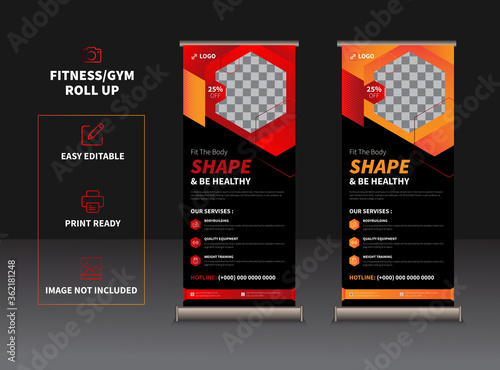 Fitness Gym Rollup Banner Template | Rollup Banner Design for gym, fitness club, healthcare with two-color red gradient.