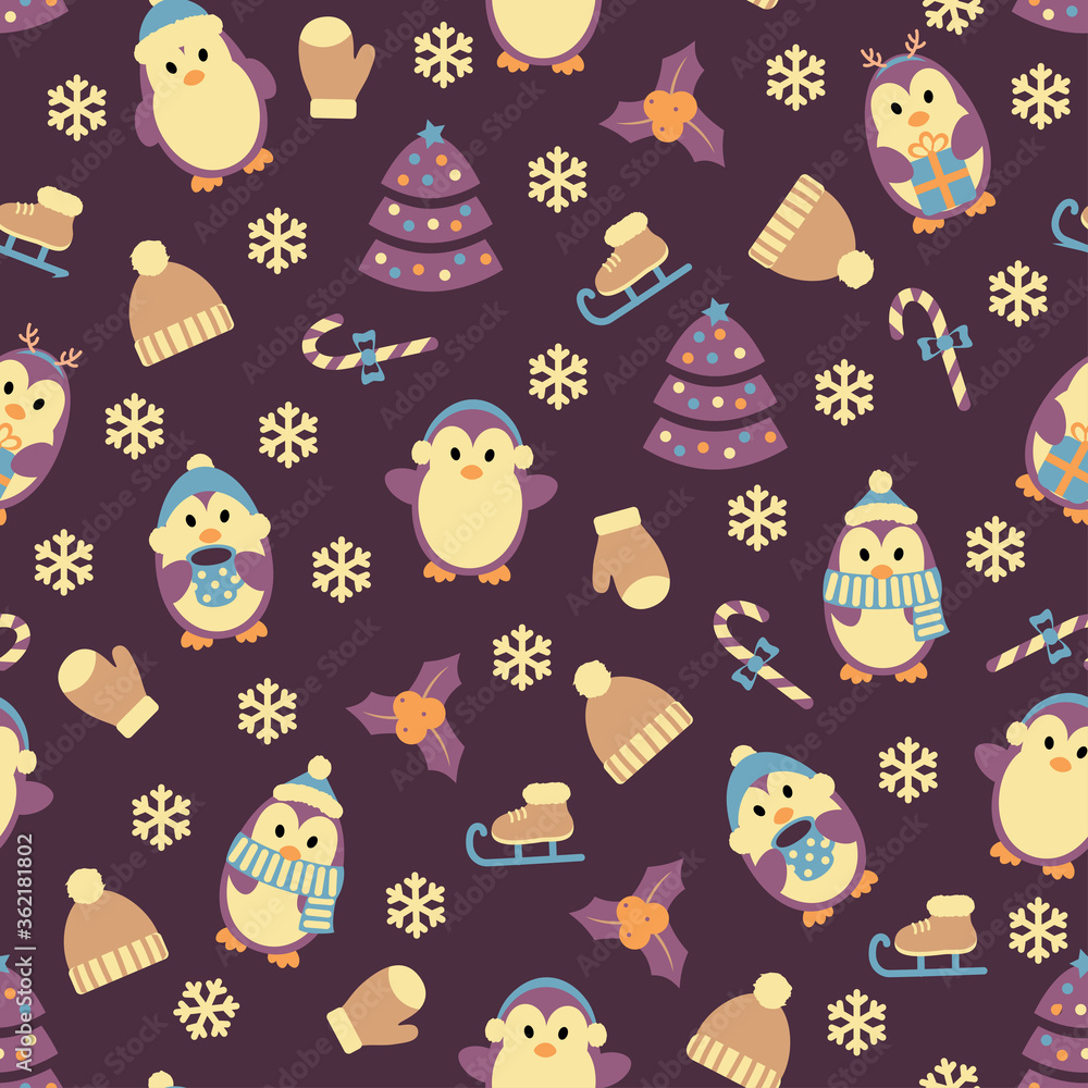 Christmas seamless pattern with cute handdrwn penguins, Christmas tree, skates and winter clothes. Vector illustration. Christmas seamless pattern with cute handdrwn penguins, Christmas tree, skates and winter clothes. Vector illustration.