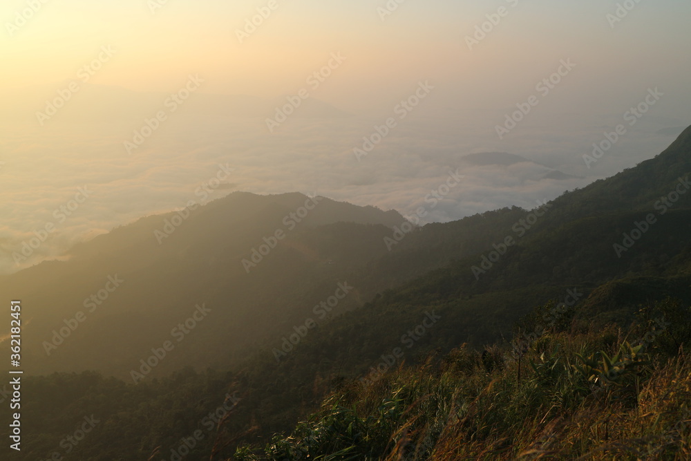 Beautiful landscape in the mountains at sunrise, Traveling concept background.