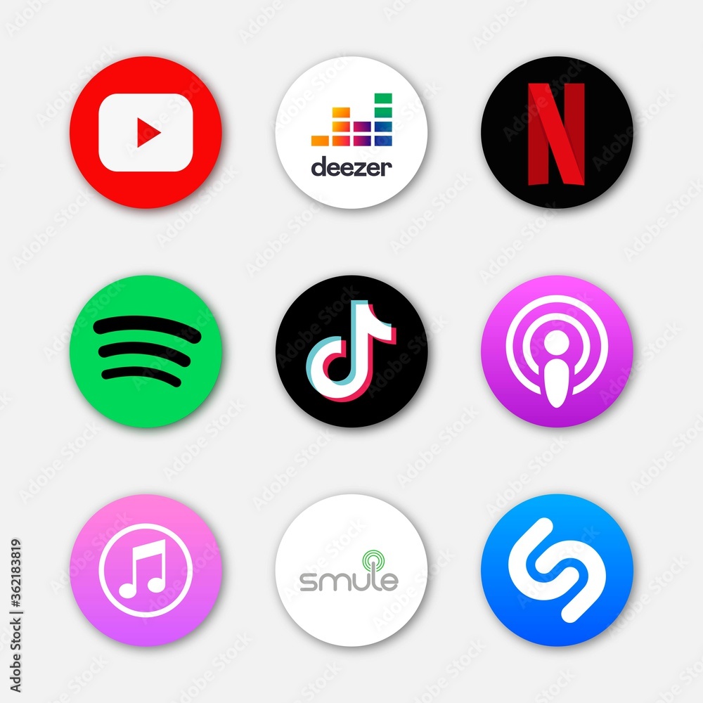 Set of popular icon for music application, social media logos of Smule, Tik  Tok, podcast, youtube, spotify, shazam, itunes, deezer, Netflix. Circle  icon Stock Vector | Adobe Stock