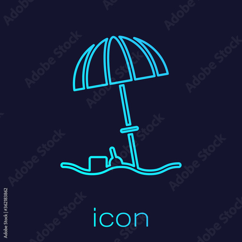 Turquoise line Sun protective umbrella for beach icon isolated on blue background. Large parasol for outdoor space. Beach umbrella.  Vector Illustration
