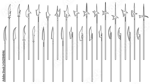 Set of simple vector images of medieval poleaxes and halberds drawn in art line style.
