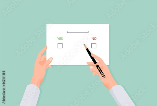 Hands holding an election form. Voting with yes or no choice when electing parties and president deciding democratic referendum registering signing vector document.