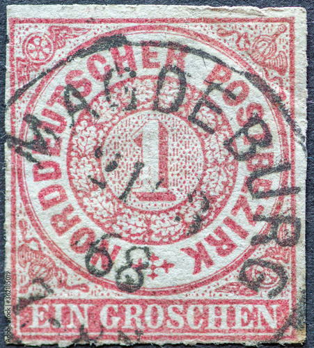 GERMANY - CIRCA 1868: a postage stamp from The North German Postal District. A great color: carmine