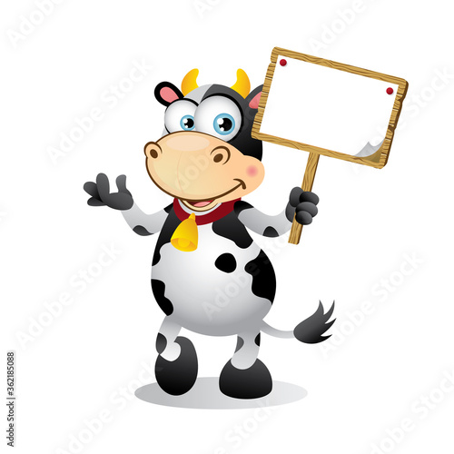Cartoon Cow holding a Wooden Signboard
