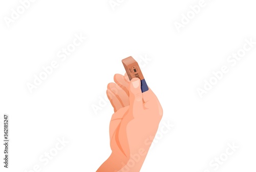 Hand holds an eraser. Erasing unnecessary information with blue red eraser cleaning up incorrect messages clearing sheet of past records art of correcting filled vector space.
