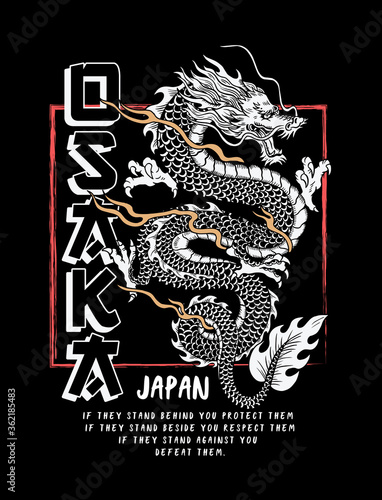Osaka-Japan. Japanese dragon illustration. Vector graphics for t-shirt prints and other uses.