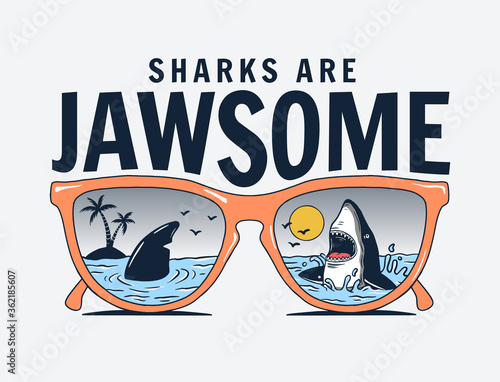 Vector sun glasses with shark reflection illustration, for t-shirt print and other uses.