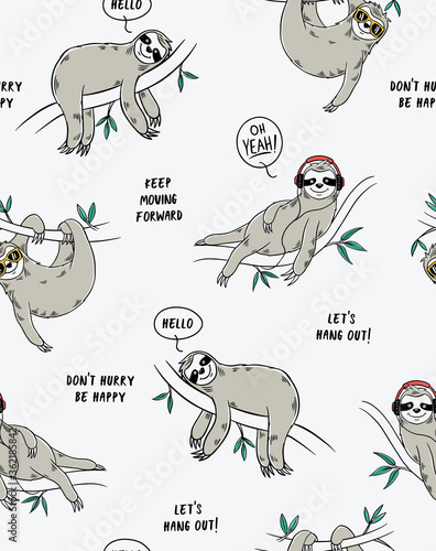 Cute vector sloth seamless pattern. For t-shirt prints and other uses.
