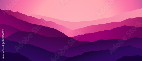 Mountain purple landscape. Panorama horizontal of open huge hills against setting sun distant peaks covered with foggy haze abstract terrain for hiking and rock climbing beautiful vector natural.