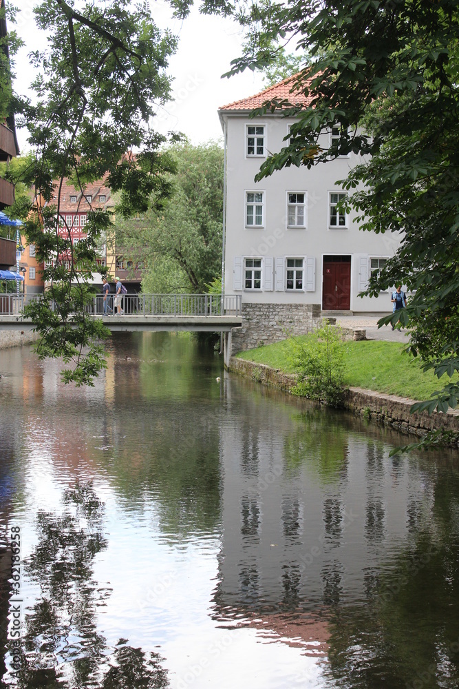 River Gera running through the old town of the German city of Erfurt, in the state of Thuringen. 