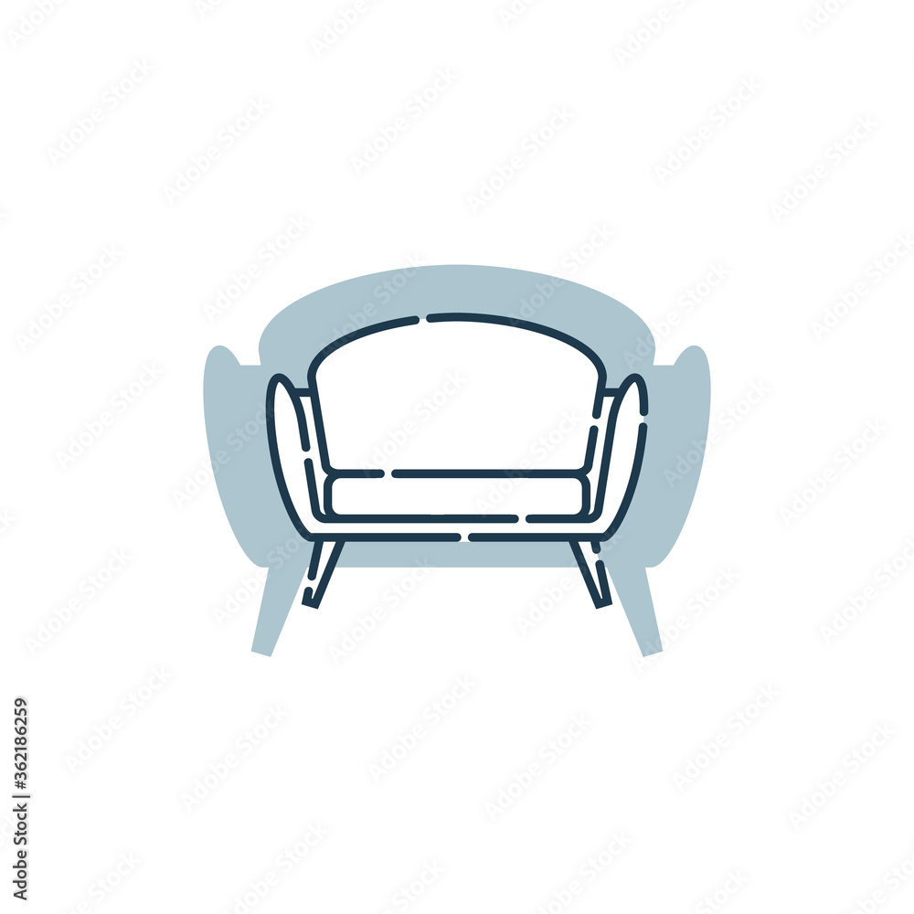 Comfortable sofa with one pillow. Flat illustration with settee on shape background. Modern stylish object for relaxation. Image of couch in line art style. Element furniture of the interior Comfortable sofa with one pillow. Flat illustration with settee on shape background. Modern stylish object for relaxation. Image of couch in line art style. Element furniture of the interior