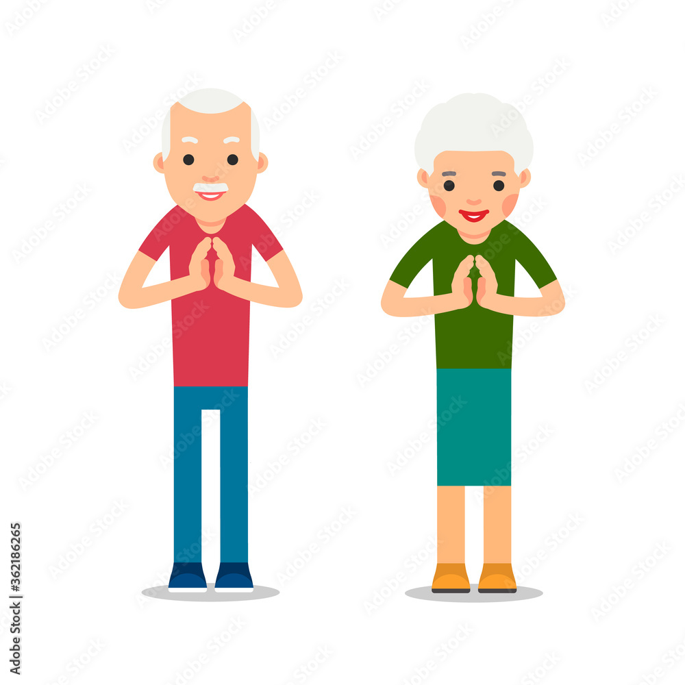 Elderly man and woman standing and makes greeting with his hands together to prevent transmission of viruses. Isolated illustration in flat style on white background. Namaste of european people Elderly man and woman standing and makes greeting with his hands together to prevent transmission of viruses. Isolated illustration in flat style on white background. Namaste of european people