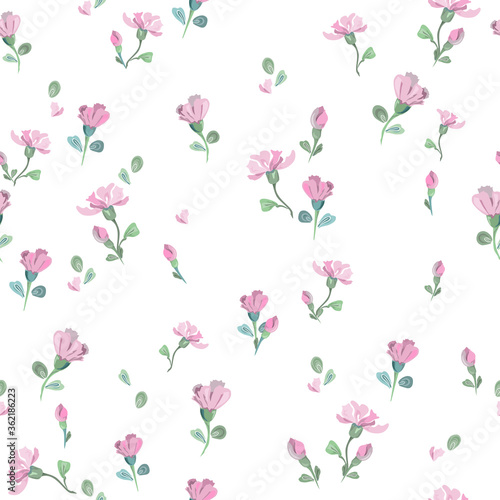 Delicate romantic pattern with little pink flowers and buds on a white background. Seamless vector with floral elements arranged randomly. For textile, wallpaper, tile