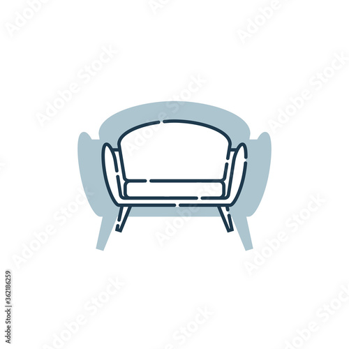 Comfortable sofa with one pillow. Flat illustration with settee on shape background. Modern stylish object for relaxation. Image of couch in line art style. Element furniture of the interior
