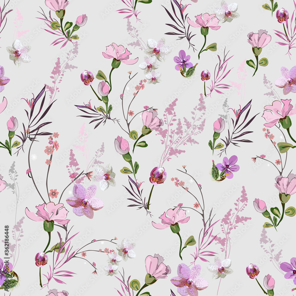 Cute floral pattern with small pink flowers of orchids, violets, roses and buds on a light background. Seamless vector with various botanical elements arranged randomly. For textile, wallpaper, tile