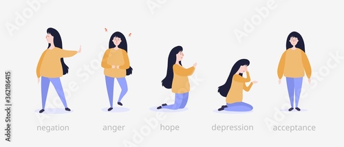 Five steps of grief illustration. Girl at beginning denies event gets angry and enraged hopes on her knees weeps bitterly in depression and finally accepts inevitable psychological vector dilemma.