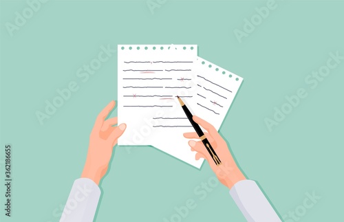 Hands with pen correct errors in text. Verification and reference of grammar on pieces paper proofreading documentation studying correctness of calligraphy vector spelling.