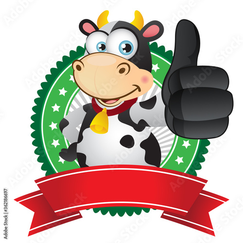 Funny cartoon cow thumbs up with badge label