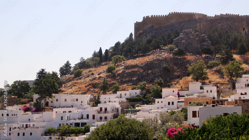 Lindos village and the Acropolis Hill, Rhodes island, Greece Lindos village and the Acropolis Hill, Rhodes island, Greece