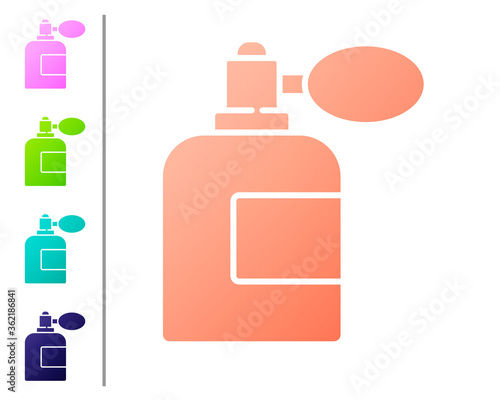 Coral Aftershave bottle with atomizer icon isolated on white background. Cologne spray icon. Male perfume bottle. Set color icons. Vector Illustration