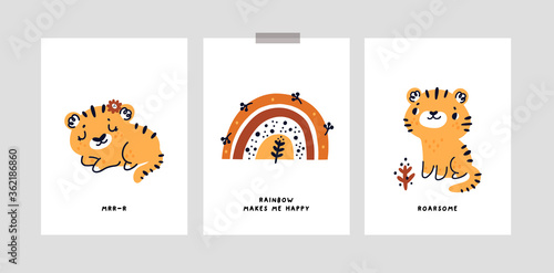 Childish cards or poster with cute baby tiger, rainbow, little animals. Nursery prints with doodle hand drawn illustration isolated on white. Ideal for kids room decoration, clothing, prints, card