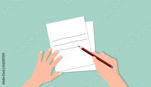 Hands write letter. Writing and correcting text checking spelling and errors message to an old friend creating correspondent notes about incident symbol for transmitting vector knowledge.