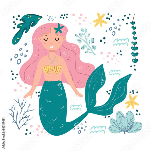 Cute mermaid and aquatic nature. Cute sea objects collection. Doodle hand draw  kids print mermaid