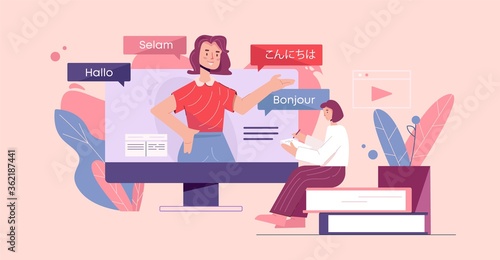Online language courses illustration. Web training in foreign languages linguistic knowledge electronic book library experienced teacher and manuals for speediest vector learning new communication.