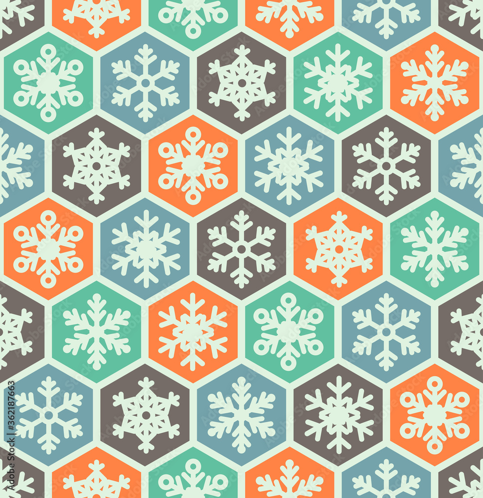 Seamless pattern honeycomb style with different snowflakes inside Seamless pattern honeycomb style with different snowflakes inside