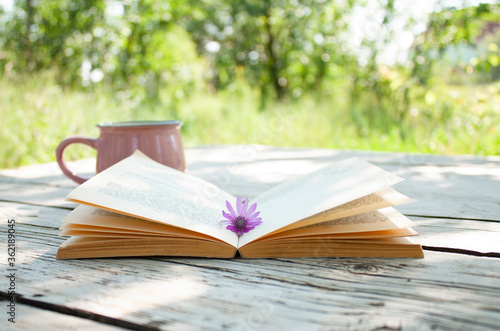 open book with a flower on its pages and a cup on a table in the garden